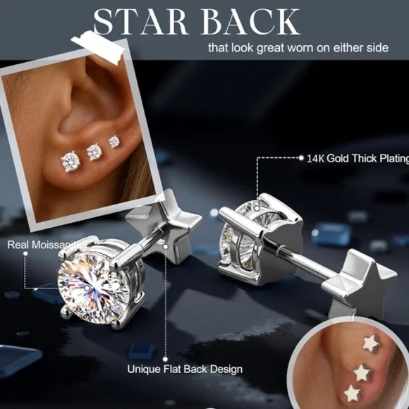 3 Pairs Certified Moissanite Solid 925 Sterling Silver Star Screw Back Earrings - Picture 6 of 16